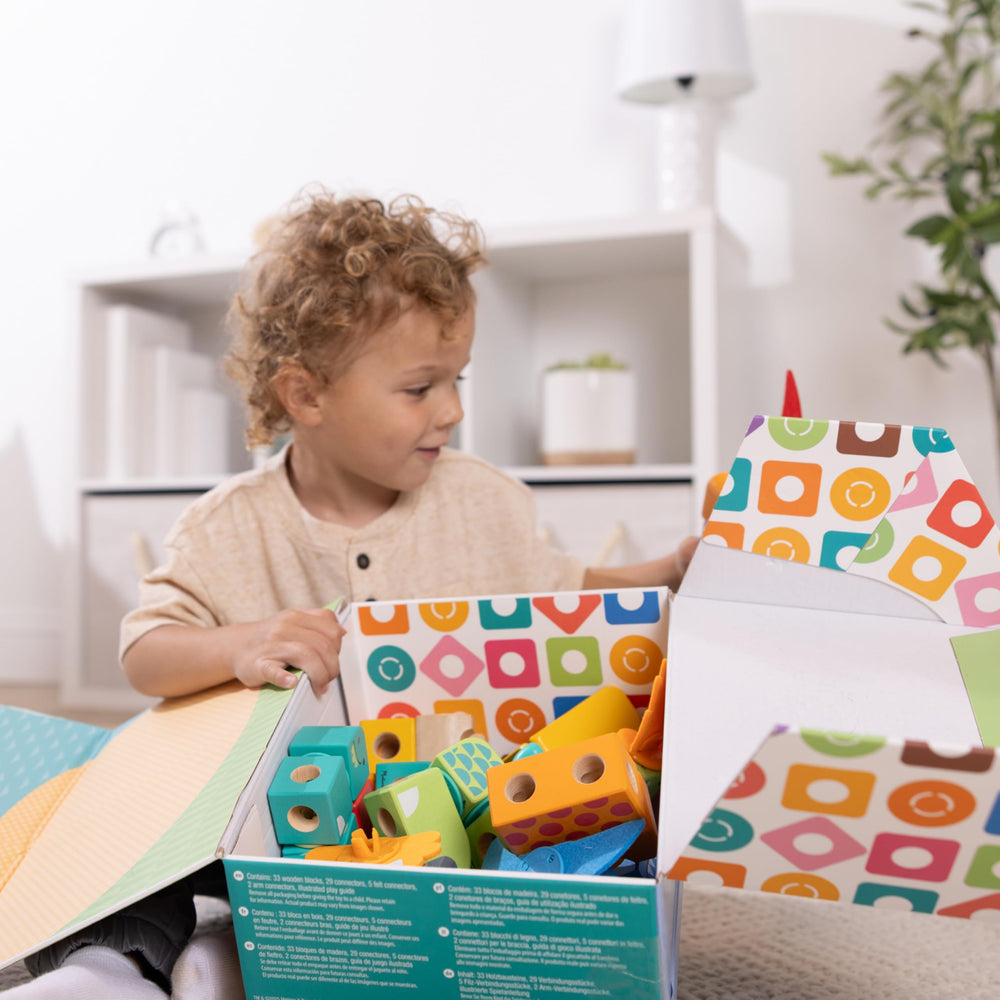 Melissa and Doug Blockables portable storage box keeps pieces organized after play.