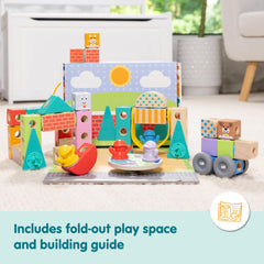 Wooden Blockables pieces assemble into playful scenes and stories.