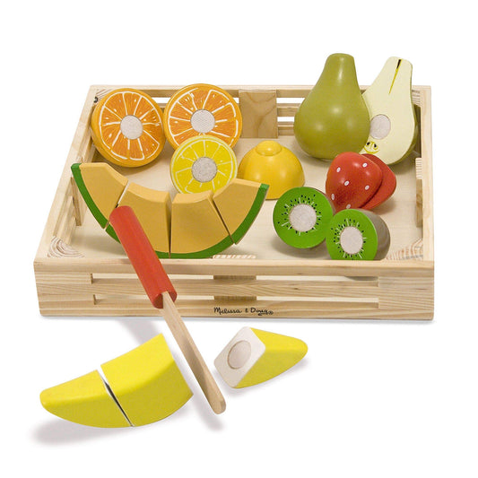 Melissa & Doug Cutting Fruit Set stored in a wooden box for tidy pretend play.