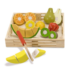 Melissa & Doug Cutting Fruit Set stored in a wooden box for tidy pretend play.