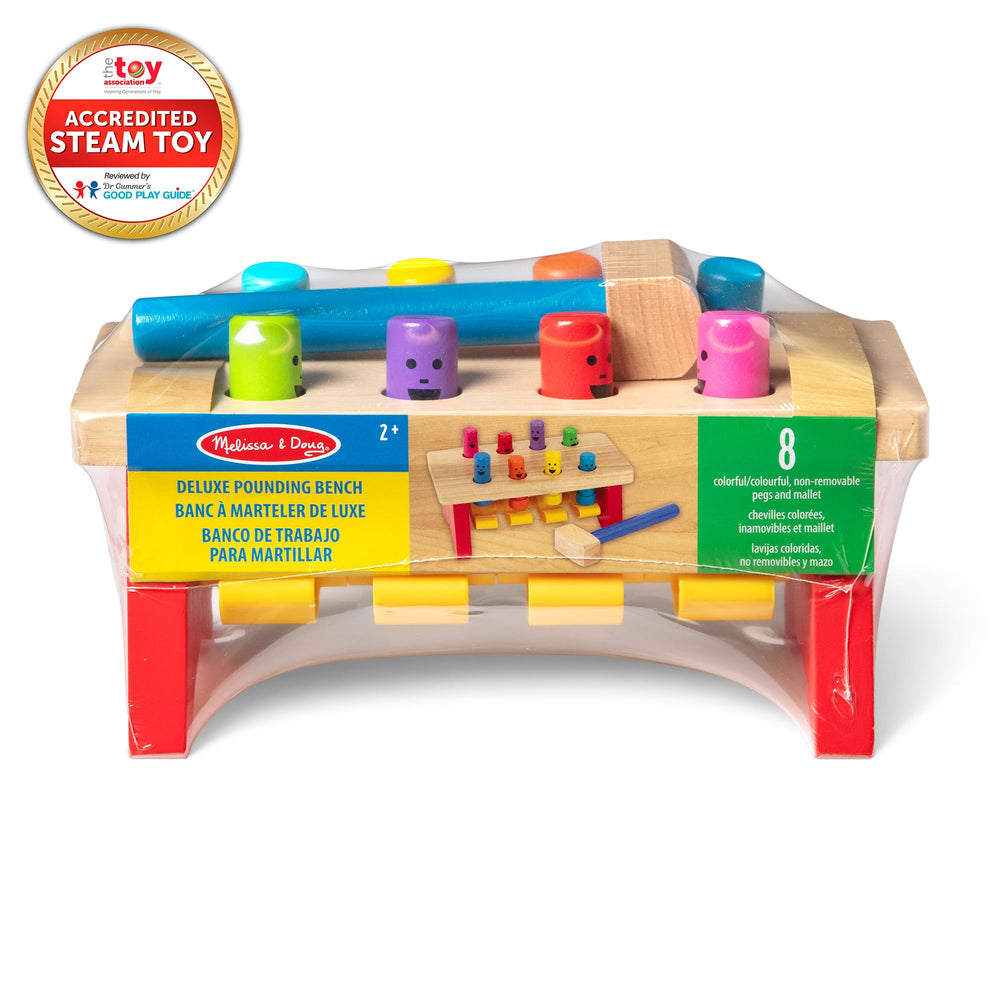 Melissa & Doug Deluxe Pounding Bench features eight colorful pegs for peekaboo play