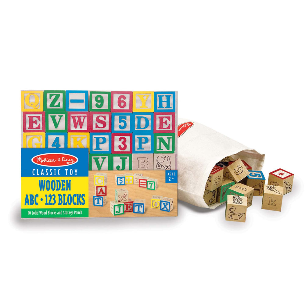Melissa & Doug deluxe wooden blocks with storage pouch for easy transport.