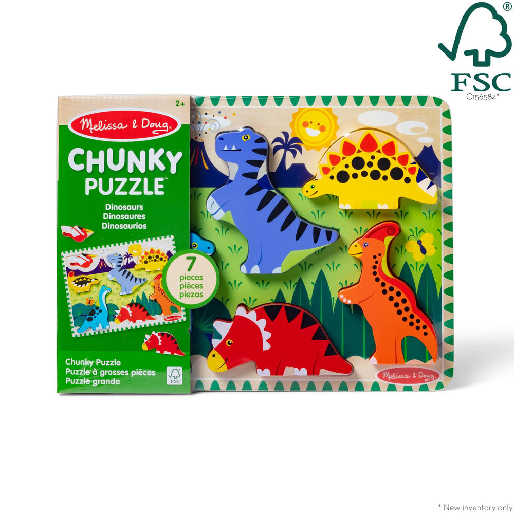 Dinosaur pieces stand upright for pretend play with Melissa & Doug puzzle