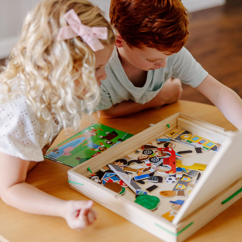 Melissa & Doug double-sided suggestion cards guide children to match magnets.