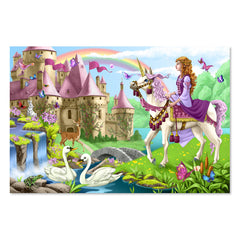 Melissa and Doug Fairy Tale Castle puzzle assembled on the floor supports collaborative play and concentration.