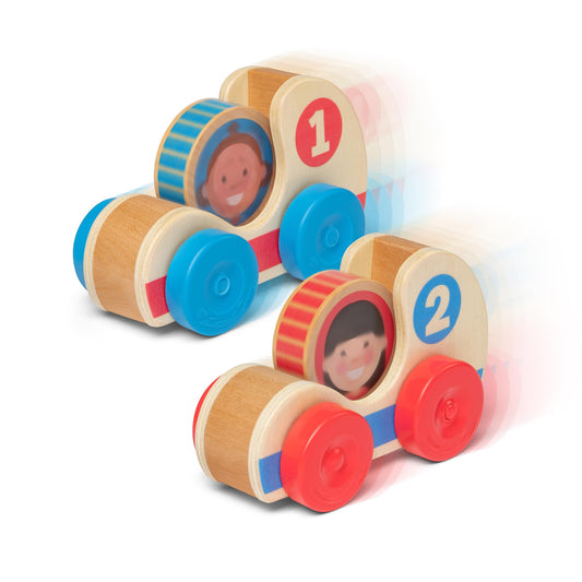 Melissa & Doug GO Tots race cars spinning as toddlers push for kinetic play.