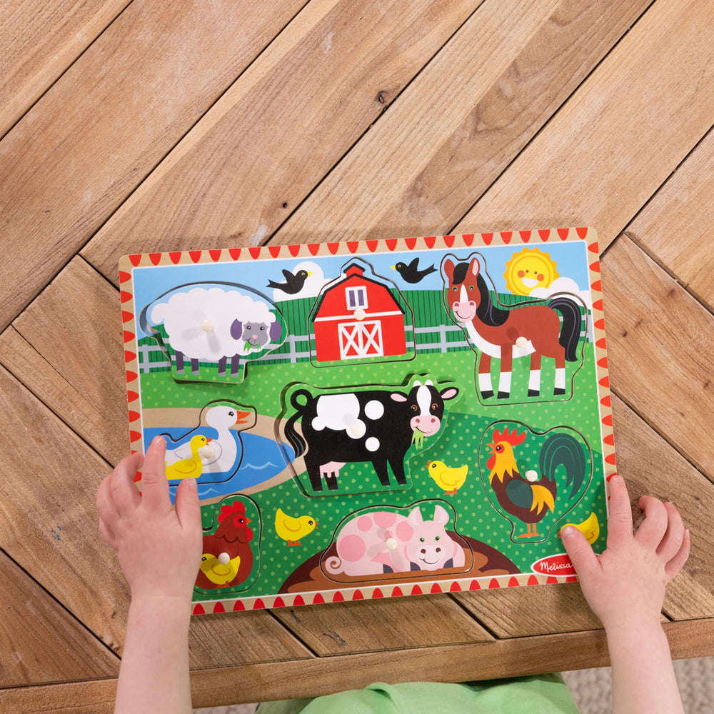 Melissa & Doug wooden puzzle encourages hand-eye coordination through placement.