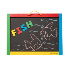 Melissa & Doug magnetic chalkboard with 36 magnets supports early literacy and counting.