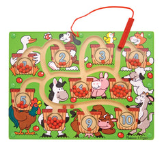 Melissa and Doug Magnetic Wand Number Maze close-up on wooden board and wand for counting.