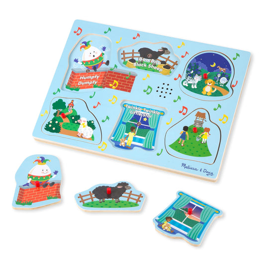 Melissa & Doug Nursery Rhymes 2 sound puzzle board helps develop hand-eye coordination through interactive play.
