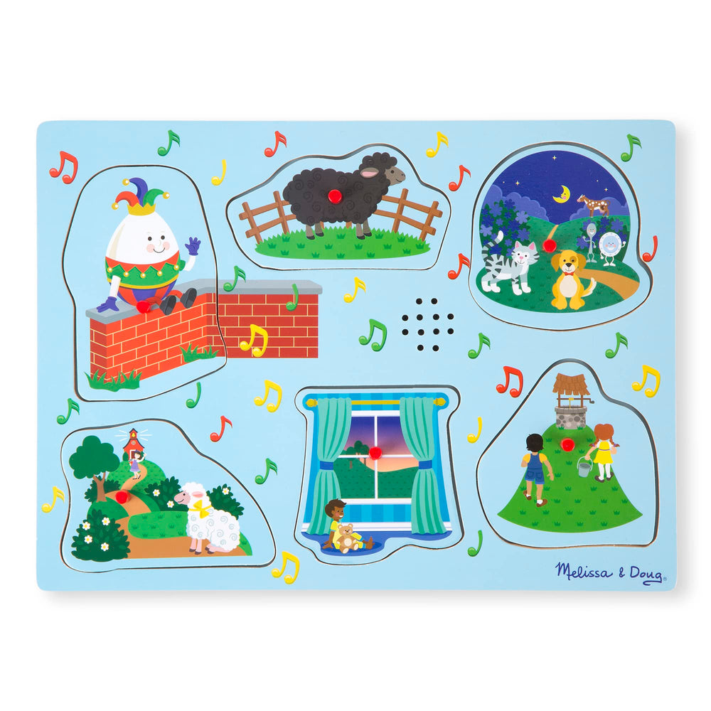 Melissa & Doug wooden pegs support toddler-grasping and puzzle-solving during play.