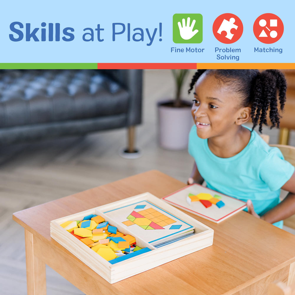 Melissa and Doug pattern blocks tiles forming colorful pattern puzzles.