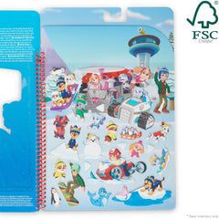 PAW Patrol restickable stickers peel from a glossy Jake’s Mountain scene for easy repositioning.