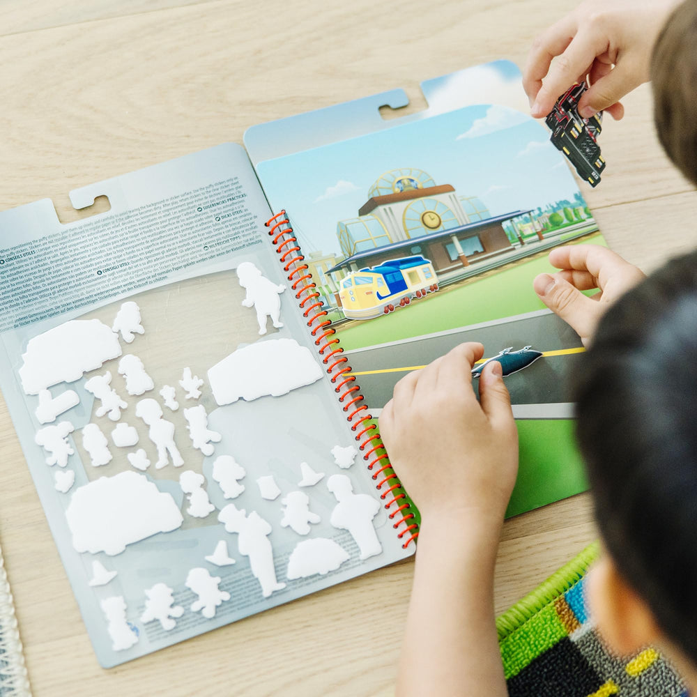 Built-in sticker storage helps stay organized during play
