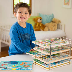 Melissa & Doug puzzle storage rack front view for easy puzzle access