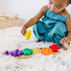 Rainbow Caterpillar gears on pegs demonstrating color matching and easy handling