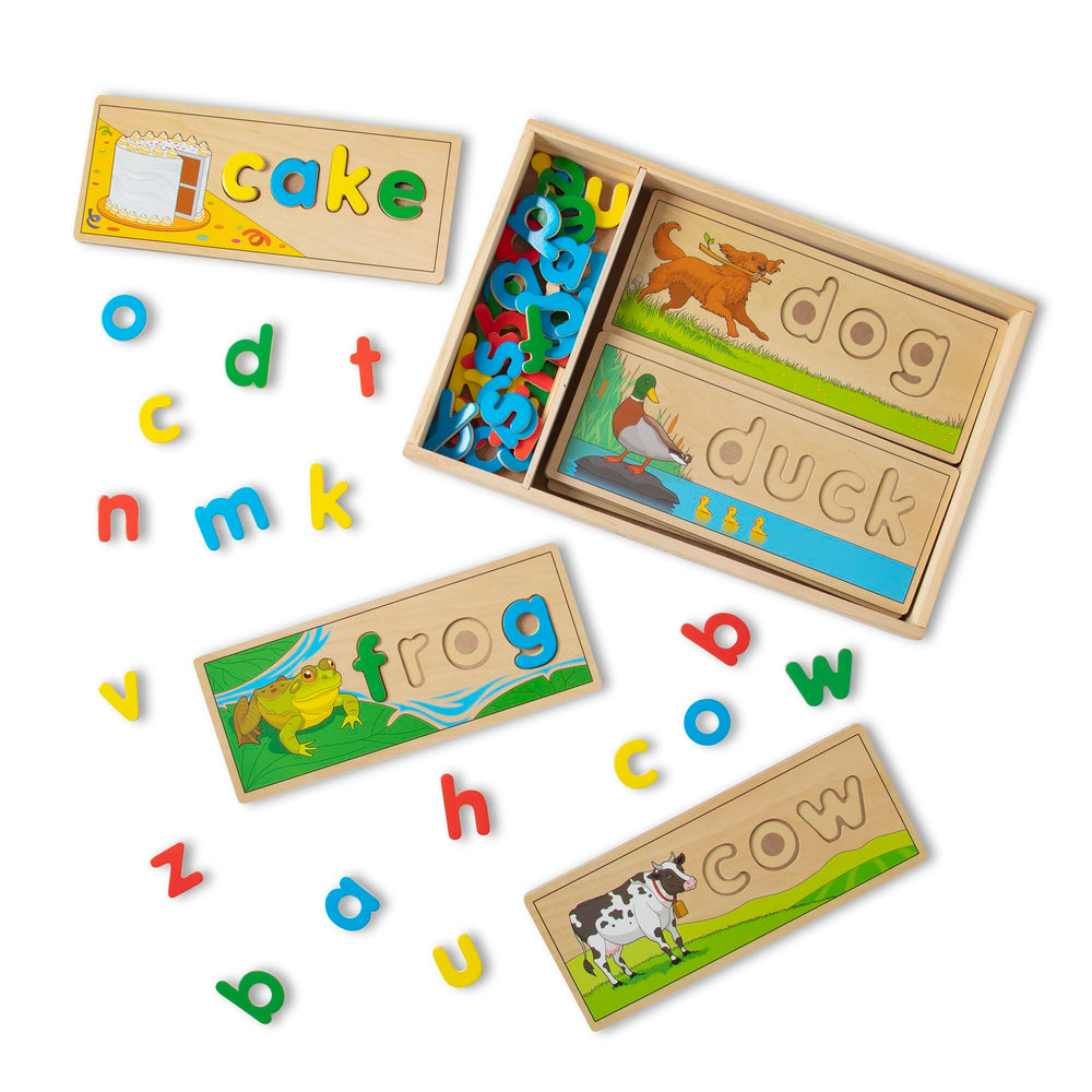 Melissa & Doug See & Spell boards showcase colorful letters for word-building practice.