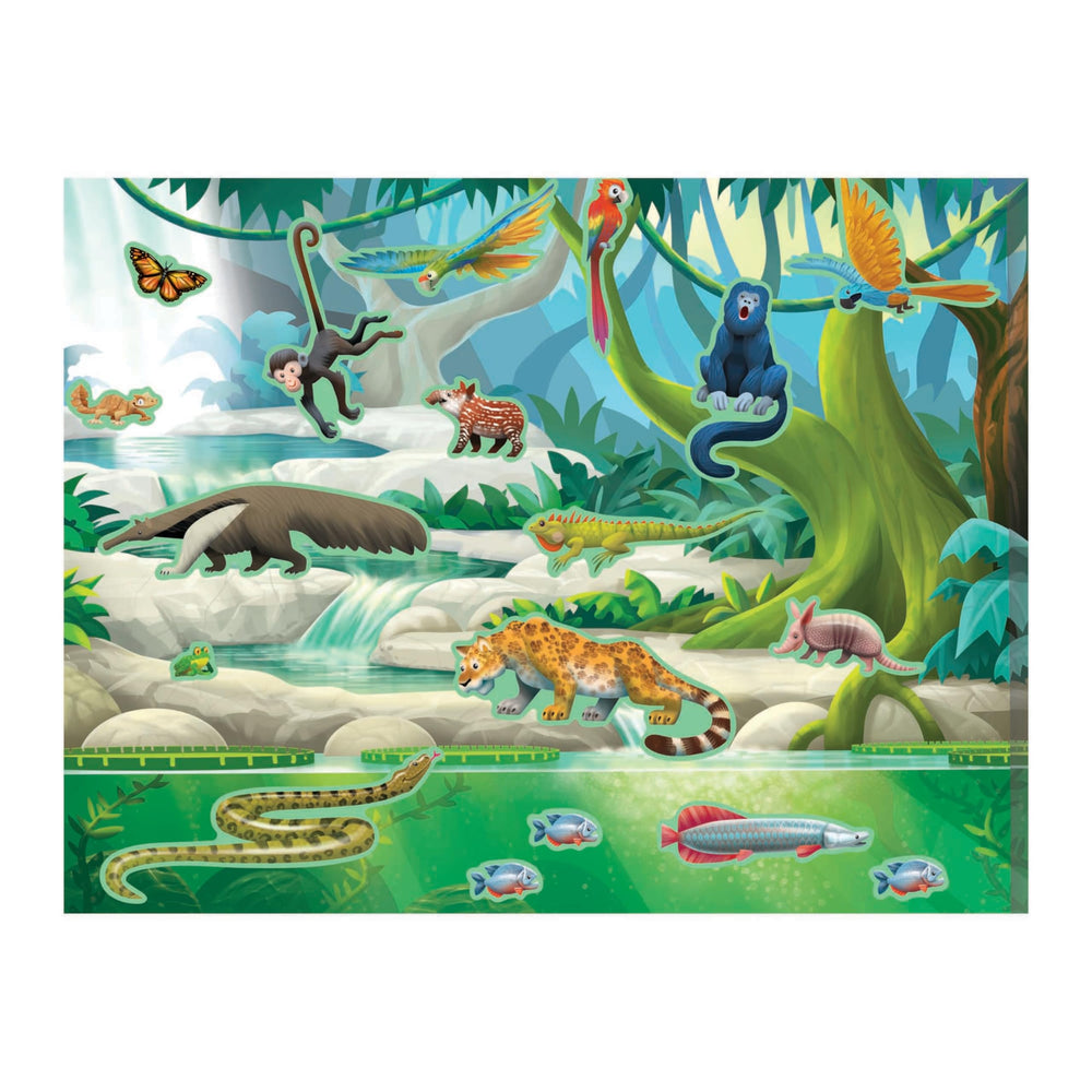 Melissa & Doug sticker pad sticker-demo panel showing five backgrounds for imaginative world-building.