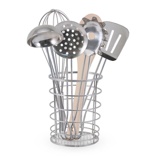 Melissa & Doug Stir & Serve whisk in metal holder for realistic pretend cooking.