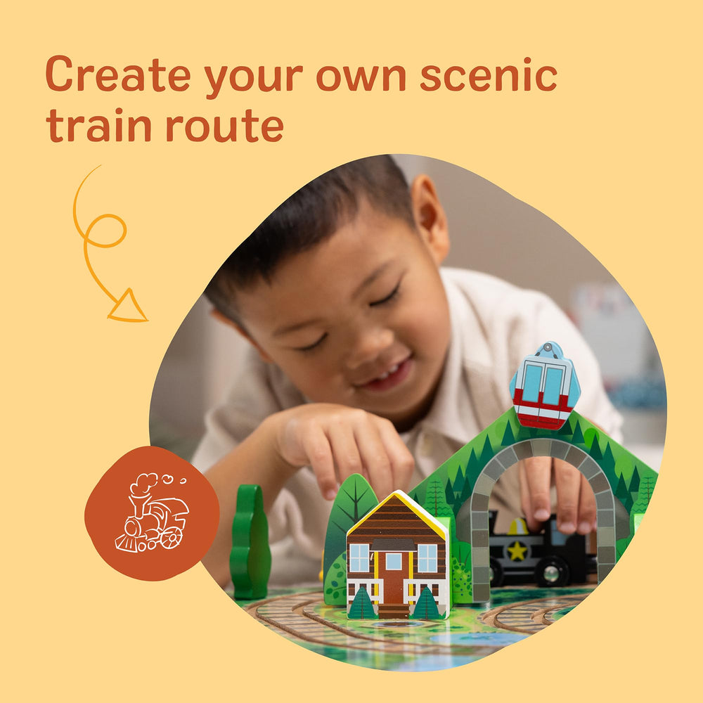 Melissa & Doug Take-Along Railroad features three toddler-friendly trains for hands-on learning.
