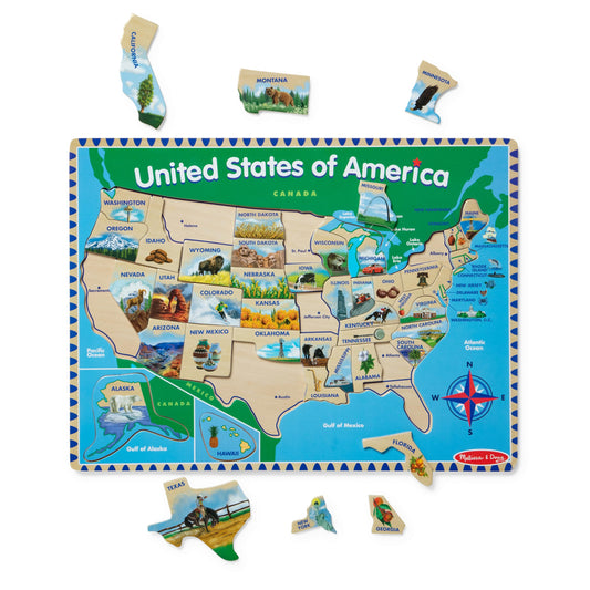 Melissa & Doug USA Map puzzle front view with 45 wooden pieces for hands-on geography learning