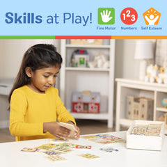Wooden pieces organized and ready for storage in Melissa & Doug box