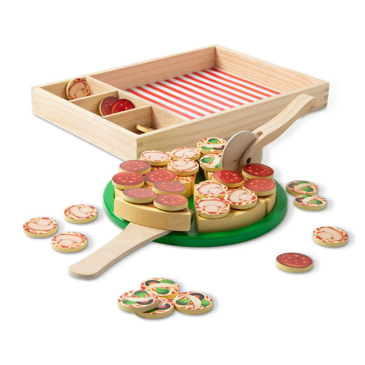 Melissa & Doug wooden pizza party slices showing six sliceable pieces for creative play
