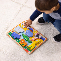 Melissa & Doug Wooden Puzzle Board shows safari animals for screen-free play.