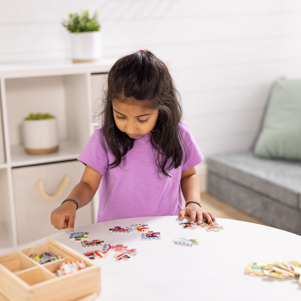 Melissa & Doug wooden storage compartments help kids sort pieces easily.