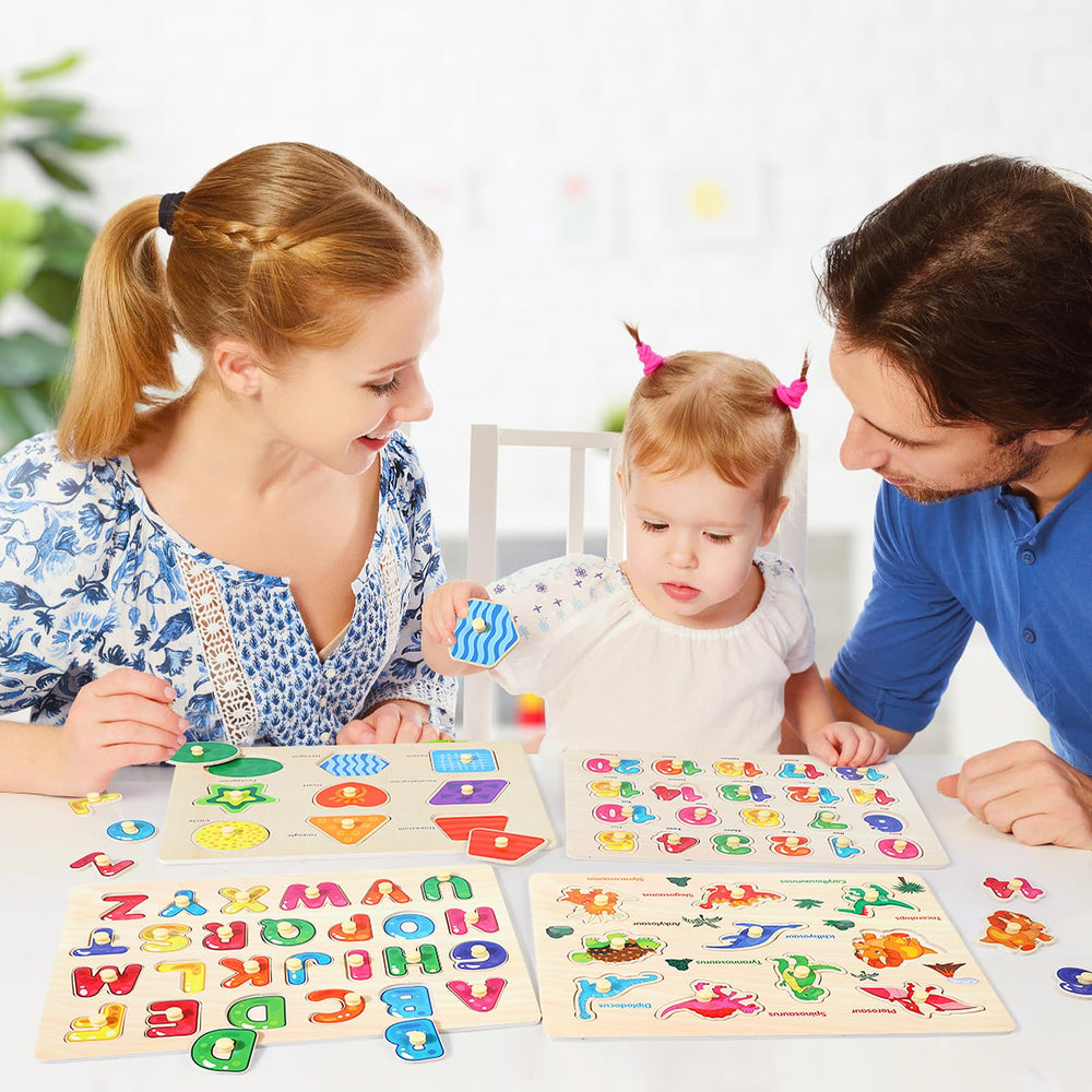 Melofaver peg puzzle pieces close-up highlights chunky pegs for easy grasp by small hands.