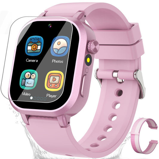 Melontti waterproof kids smartwatch front view in pink, durable for daily adventures.