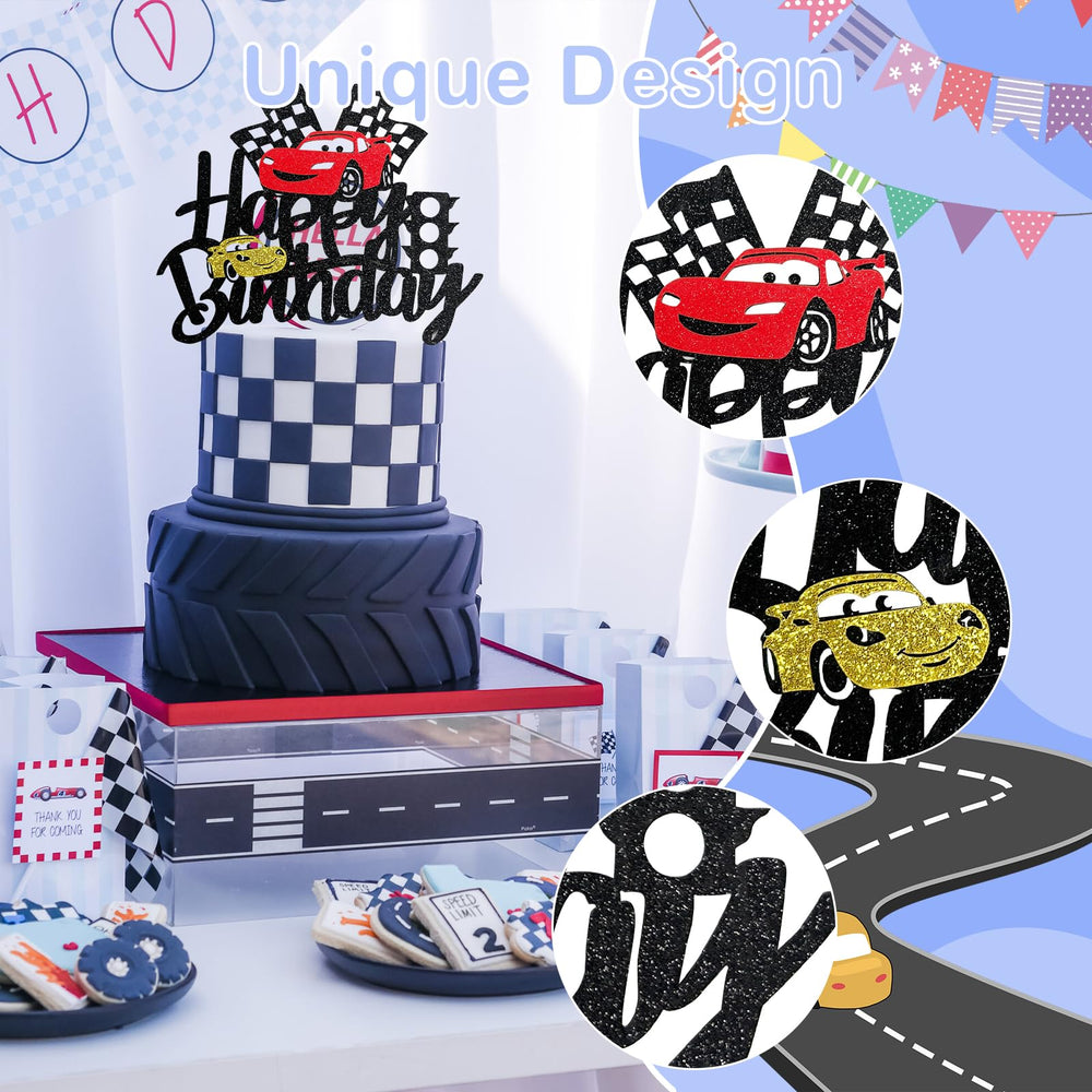 MEMOVAN checkered flag cake topper, enhances racing theme for birthday celebrations.