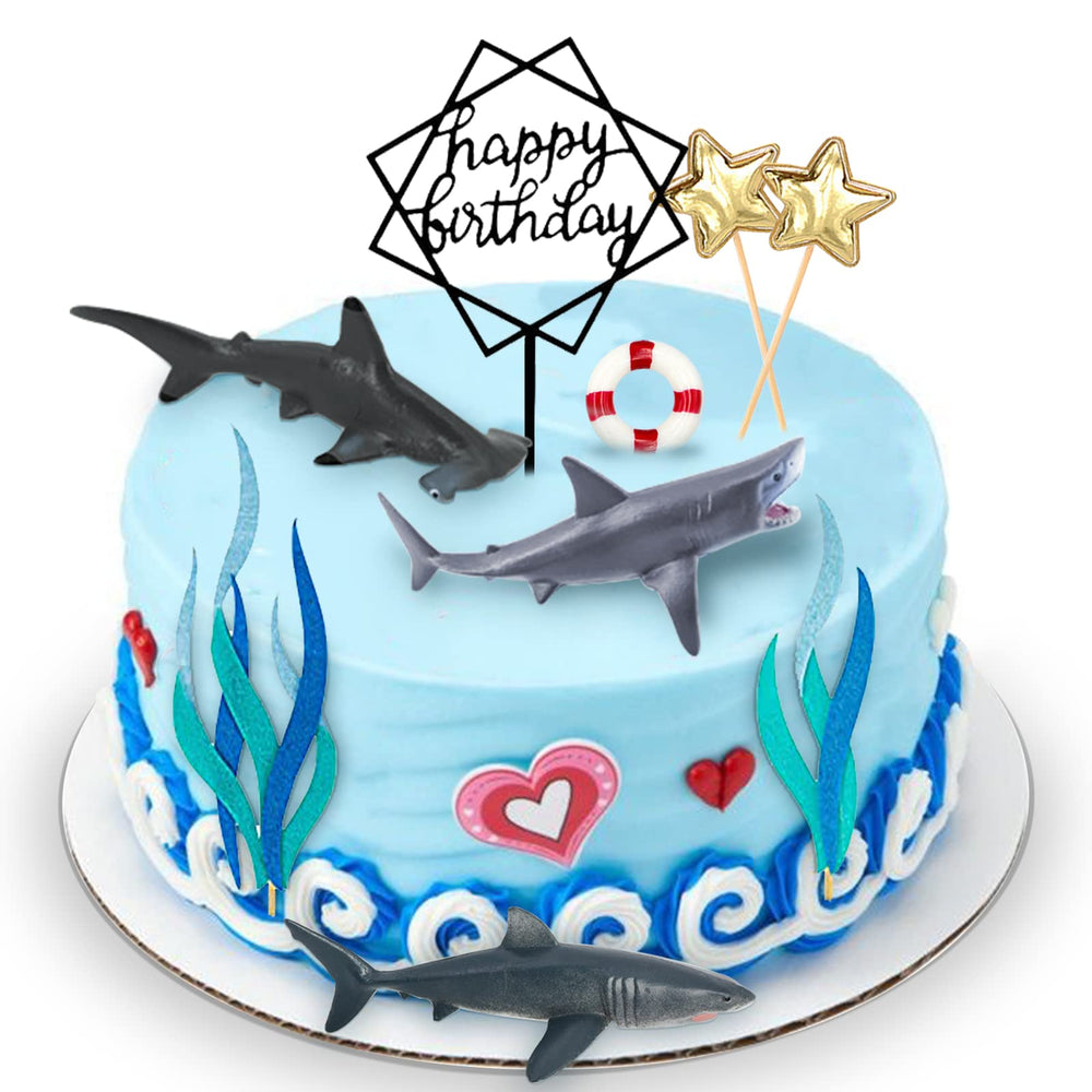 MEMOVAN shark cake toppers set on a colorful ocean cake for kids.