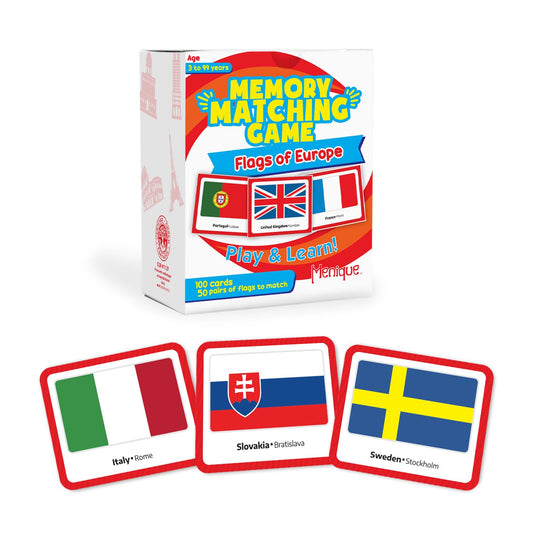 Menique Europe flags 100-cards set for classroom learning and memory drills.
