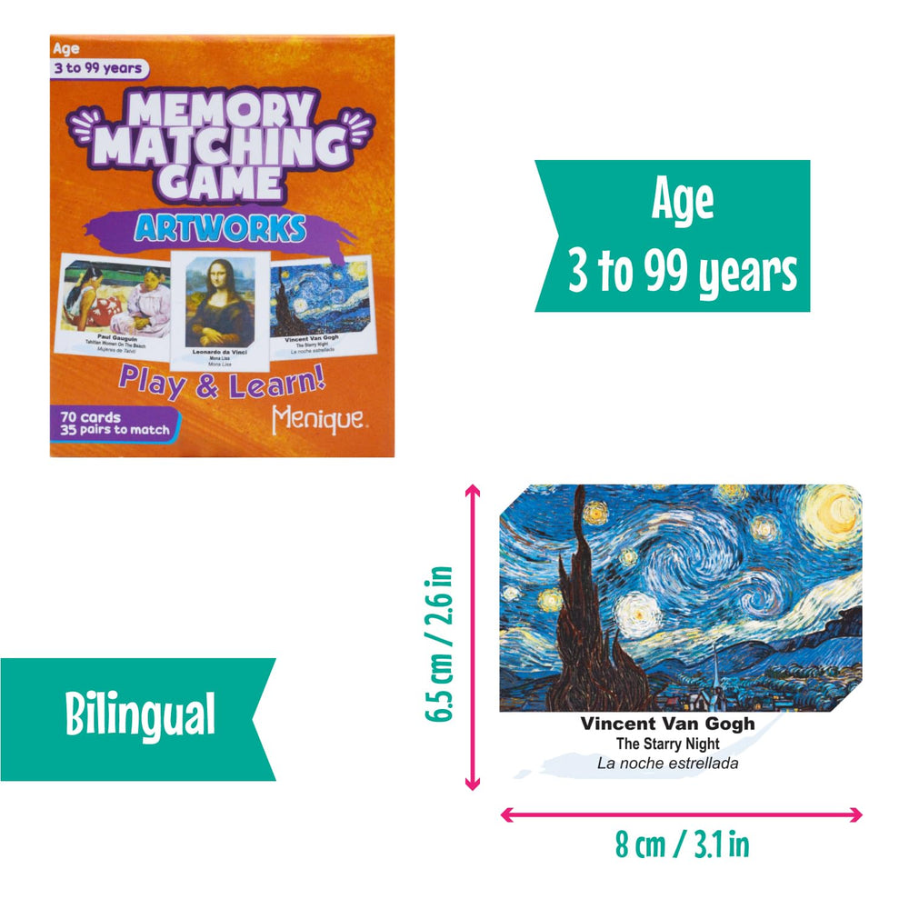 Menique memory game bilingual titles build English Spanish art vocabulary.