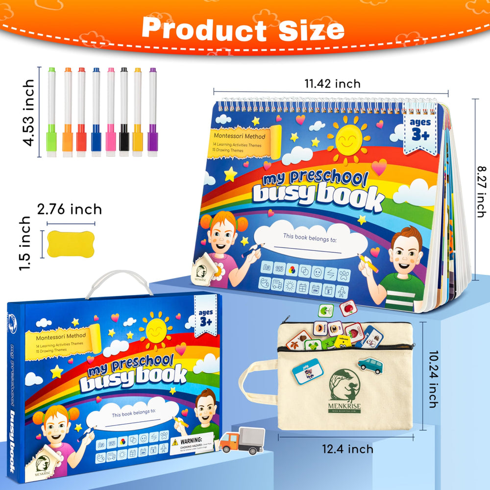 MENKRISE Busy Book inside pages with hands-on activities for fine motor practice.