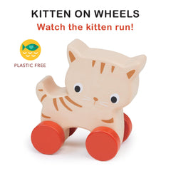 Mentari Kitten on Wheels front view showing sturdy wood and friendly design.