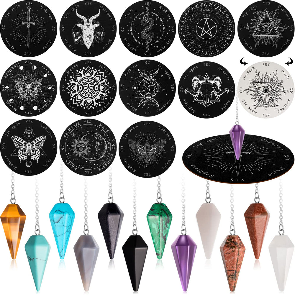 Meooeck crystal pendulums board set in white and black for focused divination practice.