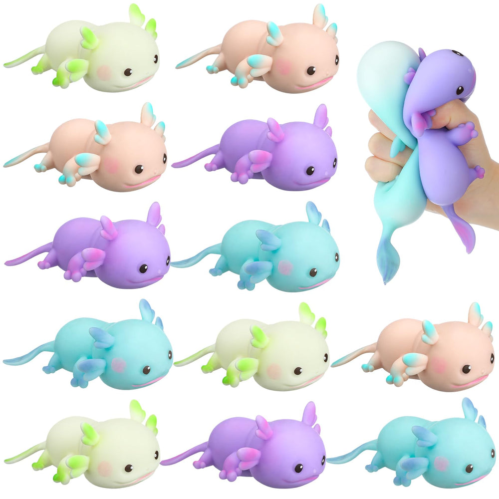 Meooeck axolotl stress ball in colorful packaging, perfect for party favors.