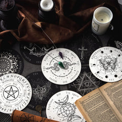 Meooeck dowsing board with astrology motifs guiding beginners through yes-no questions.