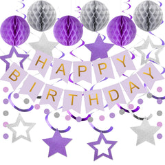 Meowtastic birthday banner in purple and silver for festive photo worthy moments