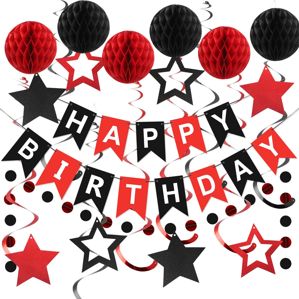 Meowtastic birthday banner brightens the red and black party backdrop