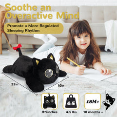 Meowtastic black cat weighted plush used as a pillow for lounging.
