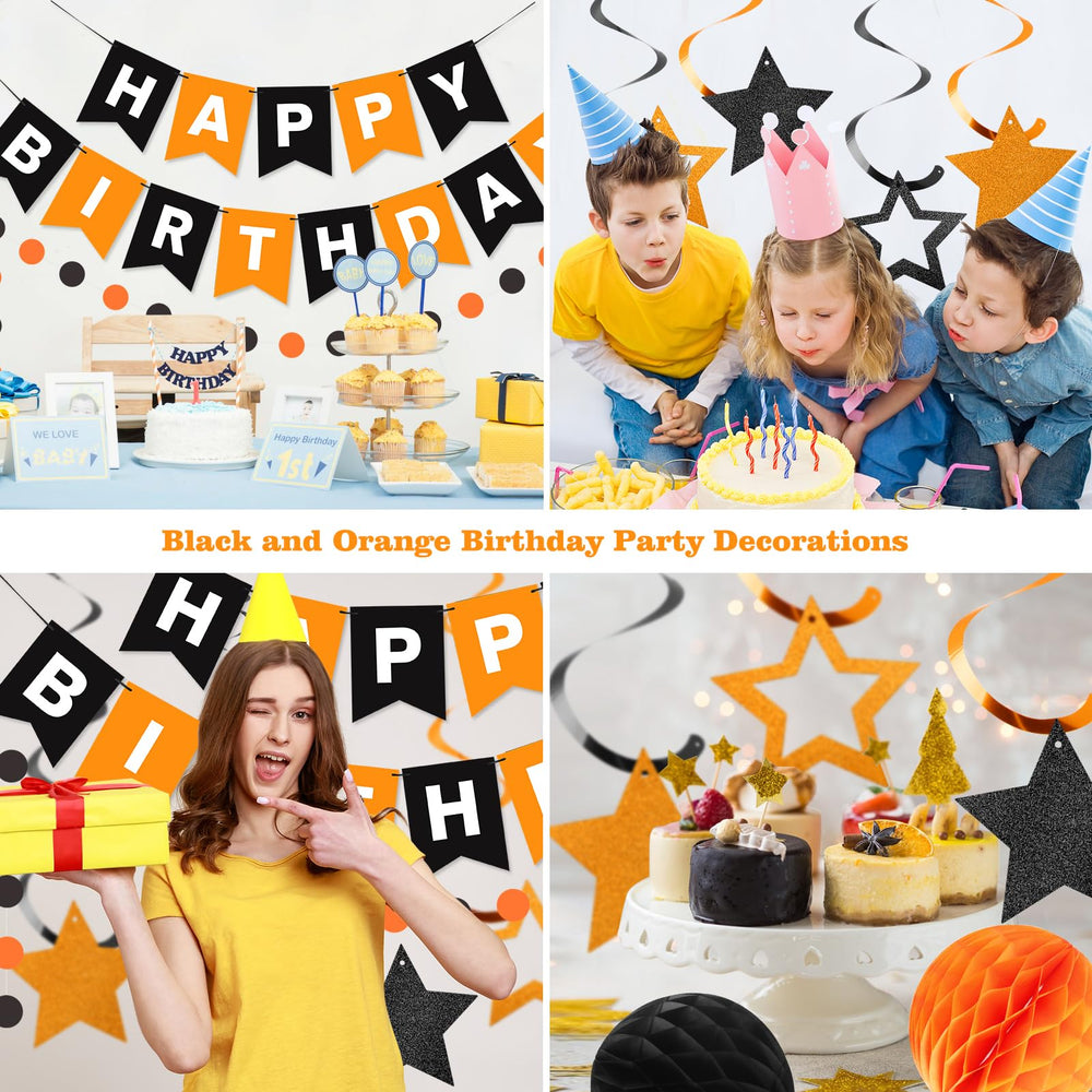 Meowtastic black orange color palette decor enhances a modern birthday vibe