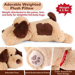 Meowtastic brown dog weighted plush comforts kids and adults during bedtime.