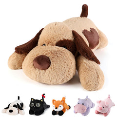 Meowtastic brown dog weighted stuffed animal offers comforting weight for cozy hugs.