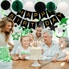 Meowtastic green-black-theme ties decorations together for versatile celebrations.