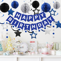 Meowtastic honeycomb balls in blue-silver offer vibrant, reusable party accents.