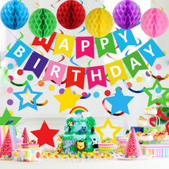 Meowtastic honeycomb balls in rainbow colors brighten celebrations.