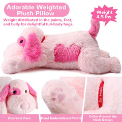 Meowtastic pink dog weighted stuffed animal bedtime setup suggests calming night routine